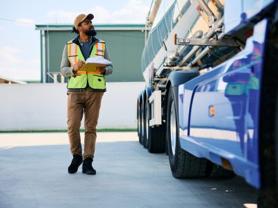 African American freight transportation dispatcher examining a truck on parking lot. Copy space.